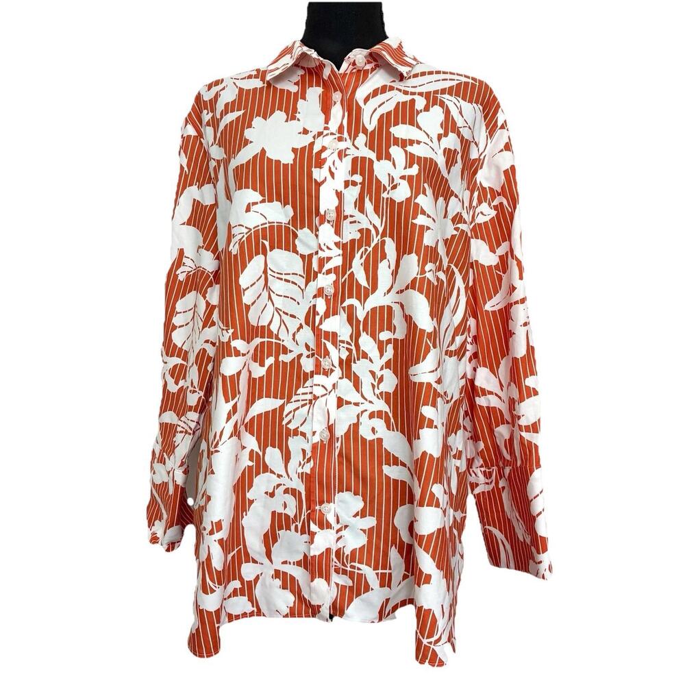 Chico’s Floral Stripe Button Front Shirt Women’s 3 US 16 Orange White Cotton